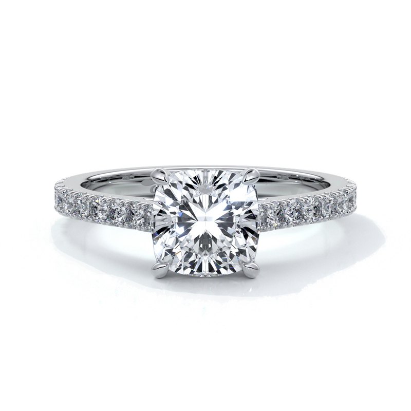 Alison Engagement ring cushion cut diamond 4 claw cathdral shoulder diamonds platinum