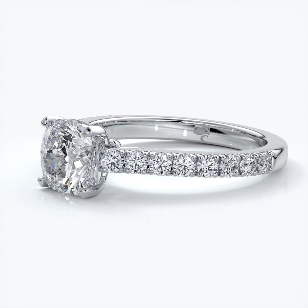 Beatrice Engagement ring cushion cut diamond cathedral 4 claw diamond band platinum