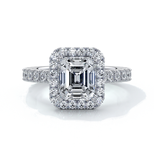Pearl Engagement ring emerald diamond halo cathedral diamo band 18ct white gold