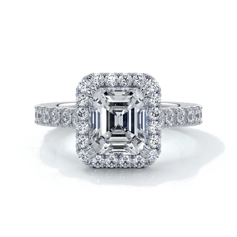 Pearl Engagement ring emerald diamond halo cathedral diamo band 18ct white gold