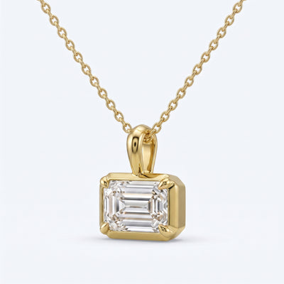 Cascade pendant front view, 1.5ct emerald cut diamond on 9ct yellow gold