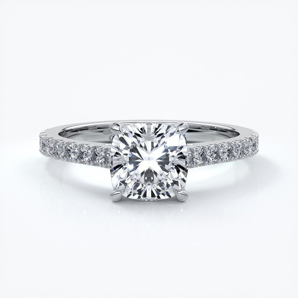 Alison Engagement ring cushion cut diamond 4 claw cathdral shoulder diamonds platinum