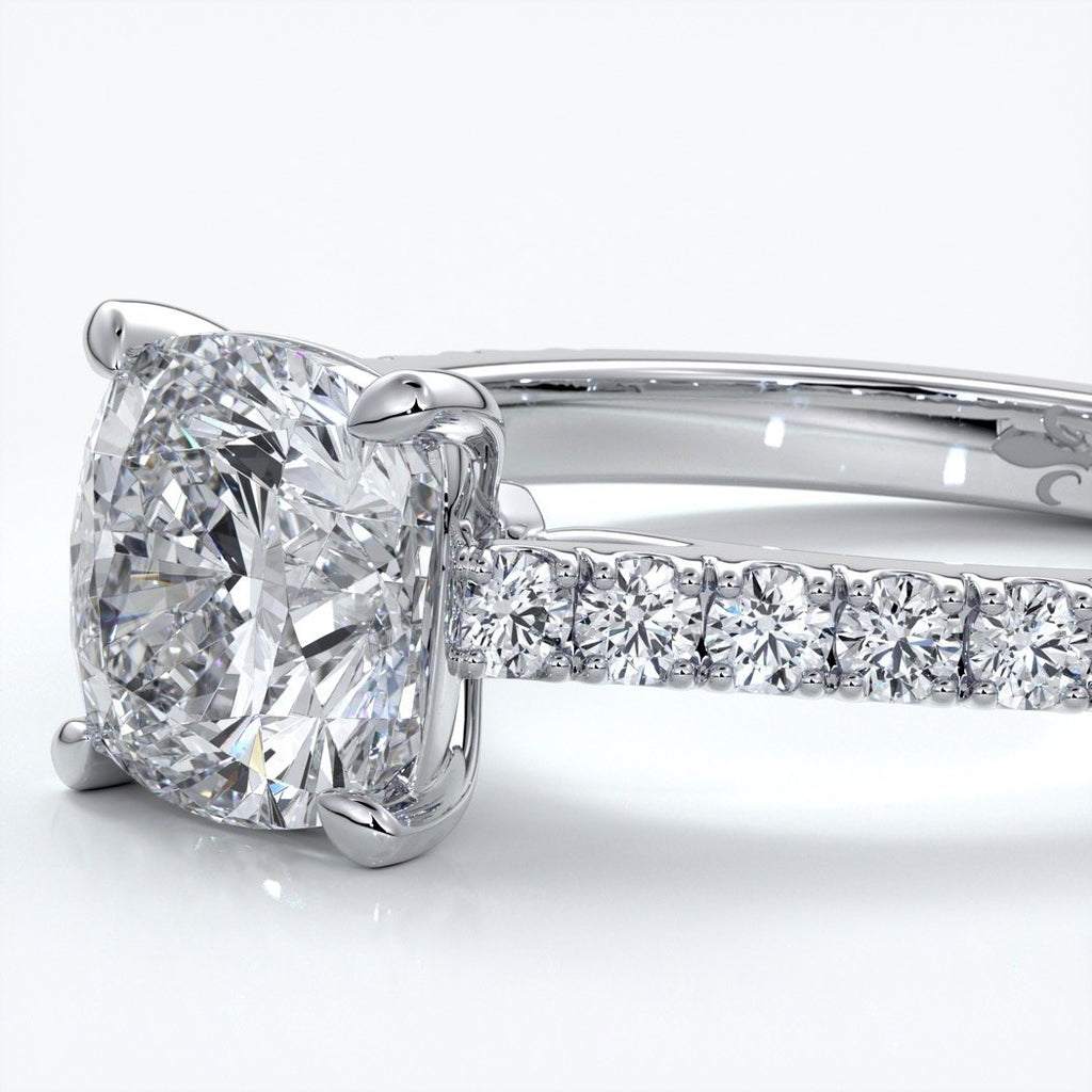 Alison Engagement ring cushion cut diamond 4 claw cathdral shoulder diamonds platinum