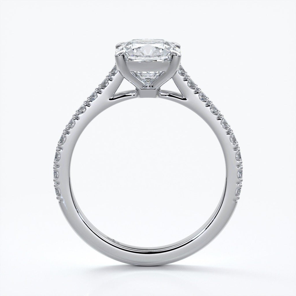 Alison Engagement ring cushion cut diamond 4 claw cathdral shoulder diamonds platinum