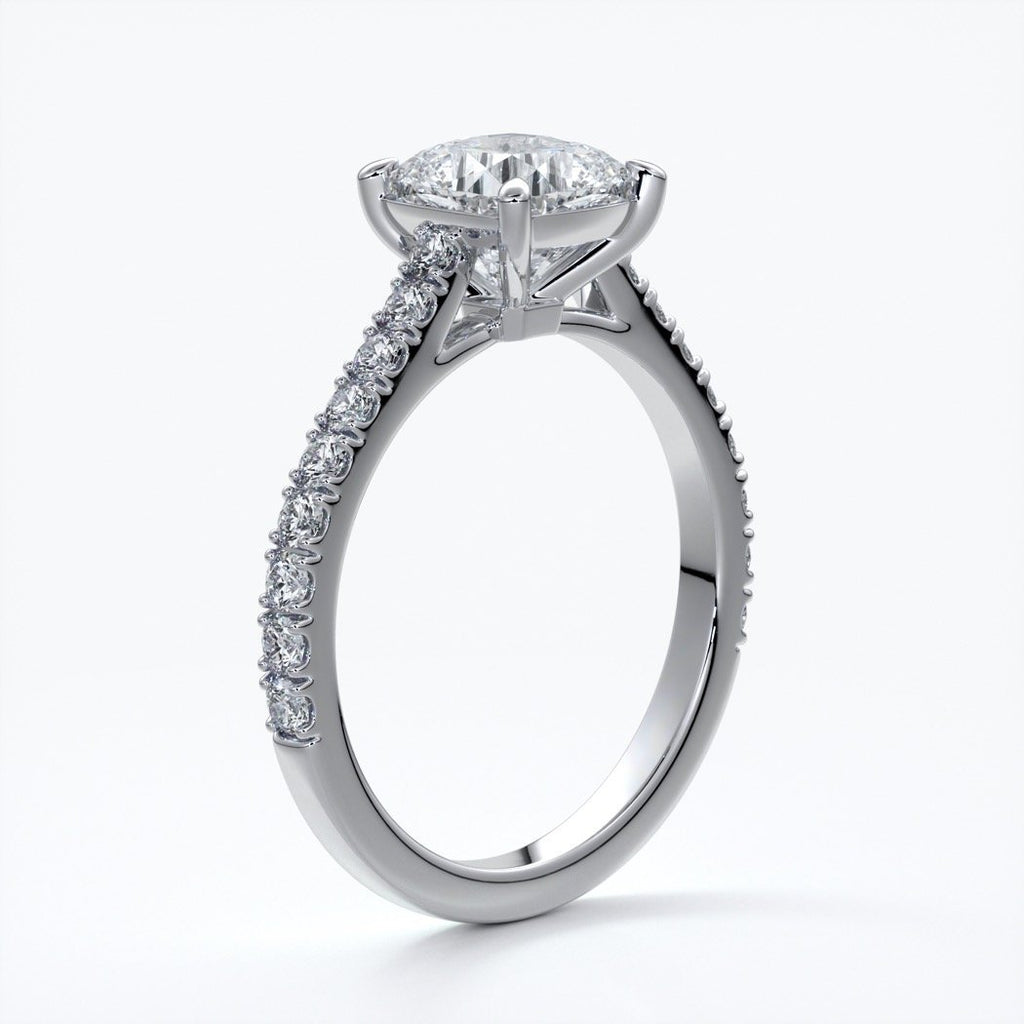 Alison Engagement ring cushion cut diamond 4 claw cathdral shoulder diamonds platinum