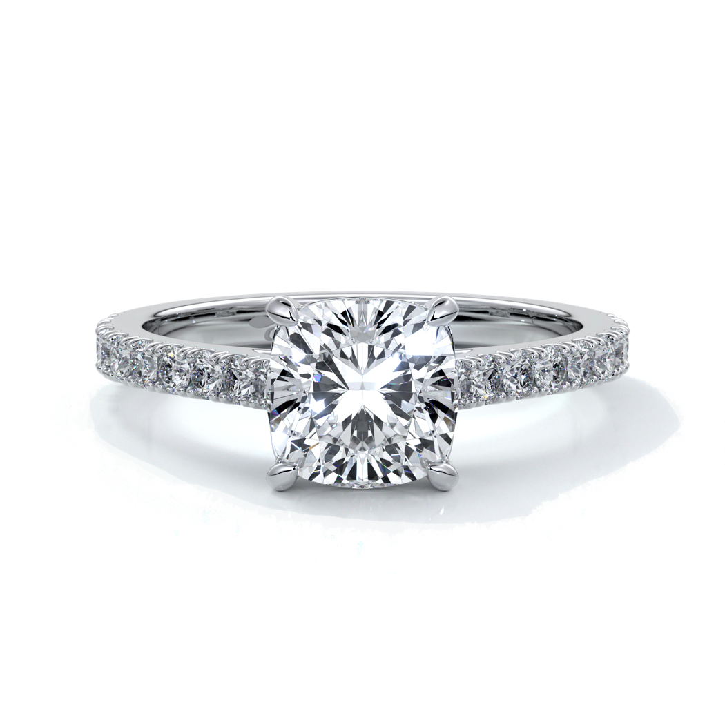 Alison Engagement ring cushion cut diamond 4 claw cathdral shoulder diamonds platinum