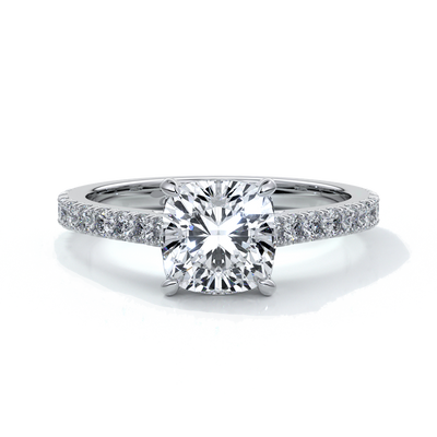 Alison Engagement ring cushion cut diamond 4 claw cathdral shoulder diamonds platinum