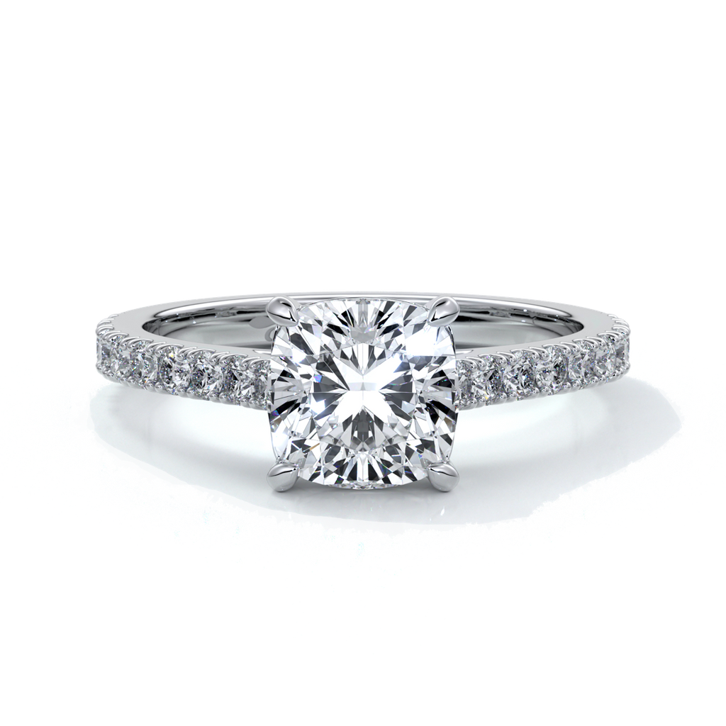 Alison Engagement ring cushion cut diamond 4 claw cathdral shoulder diamonds platinum