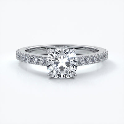 Beatrice Engagement ring cushion cut diamond cathedral 4 claw diamond band platinum