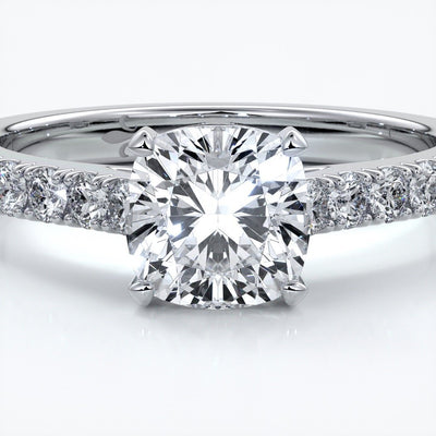 Beatrice Engagement ring cushion cut diamond cathedral 4 claw diamond band platinum