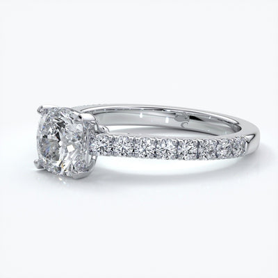 Beatrice Engagement ring cushion cut diamond cathedral 4 claw diamond band platinum