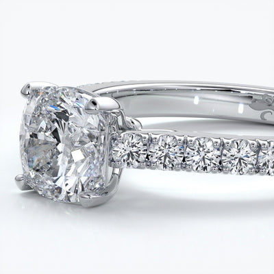 Beatrice Engagement ring cushion cut diamond cathedral 4 claw diamond band platinum