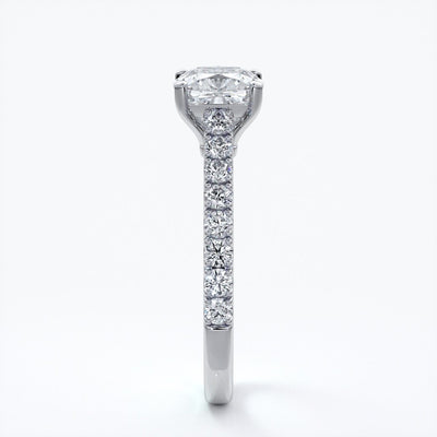 Beatrice Engagement ring cushion cut diamond cathedral 4 claw diamond band platinum