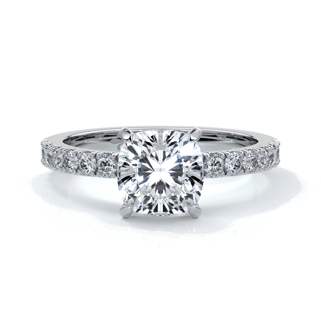 Belle Engagement ring cushion cut diamond 4 claw diamond band platinum