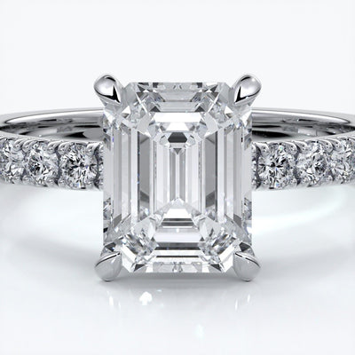 Charlotte Engagement Ring emerald diamond 4 claw diamond band platinum