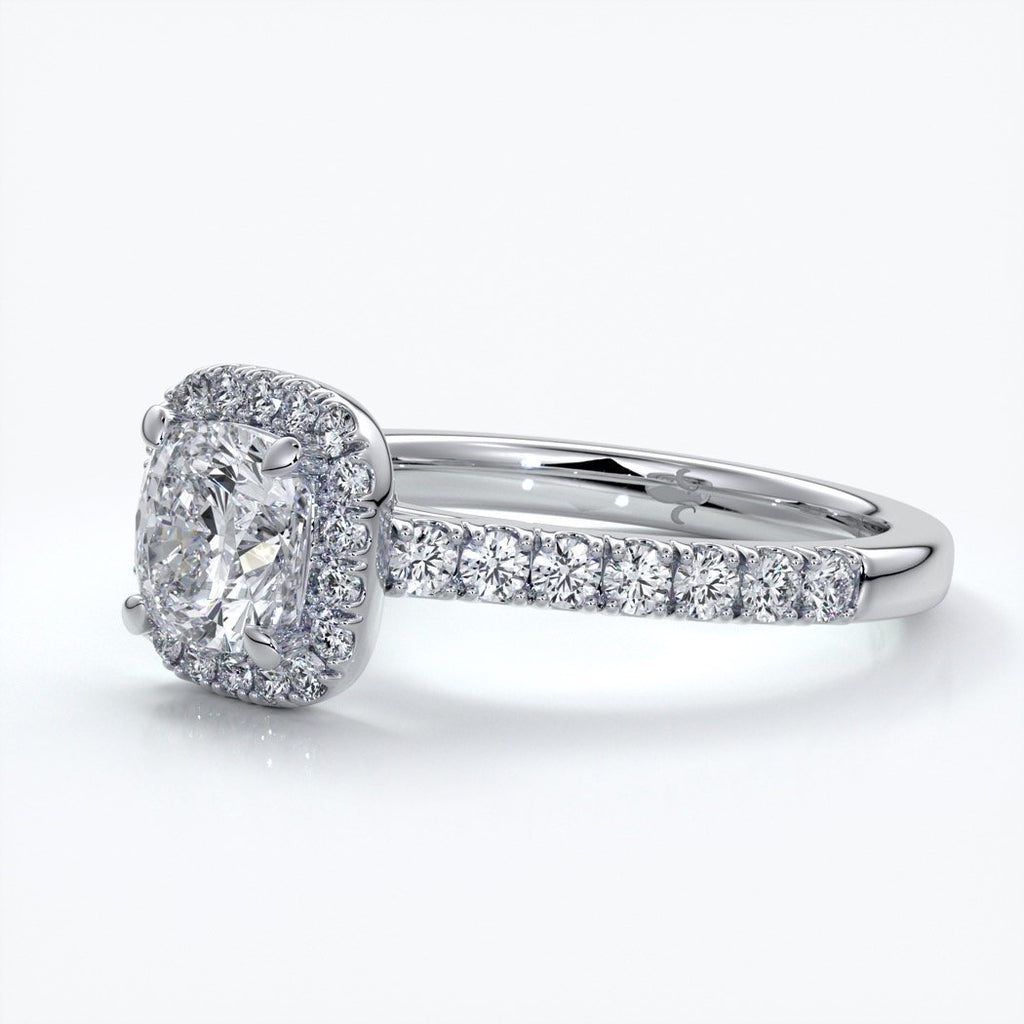 Emily Engagement Ring cushion diamond band halo 18ct white gold