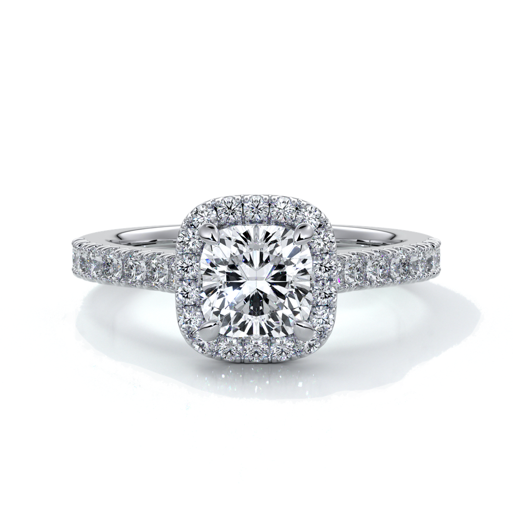 Emily Engagement Ring cushion diamond band halo 18ct white gold