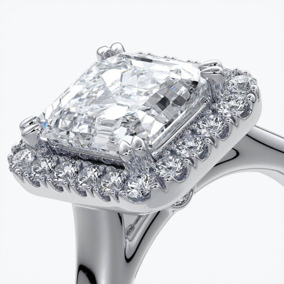 Emma Engagement ring emerald diamond halo cathedral platinum