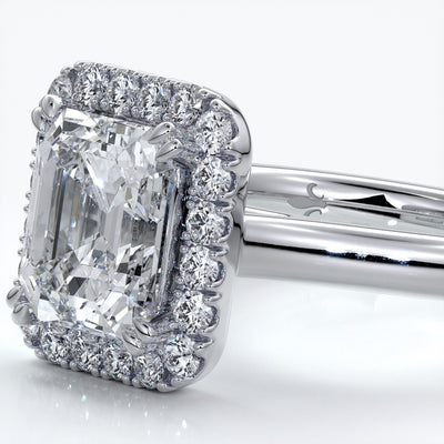 Emma Engagement ring emerald diamond halo cathedral platinum