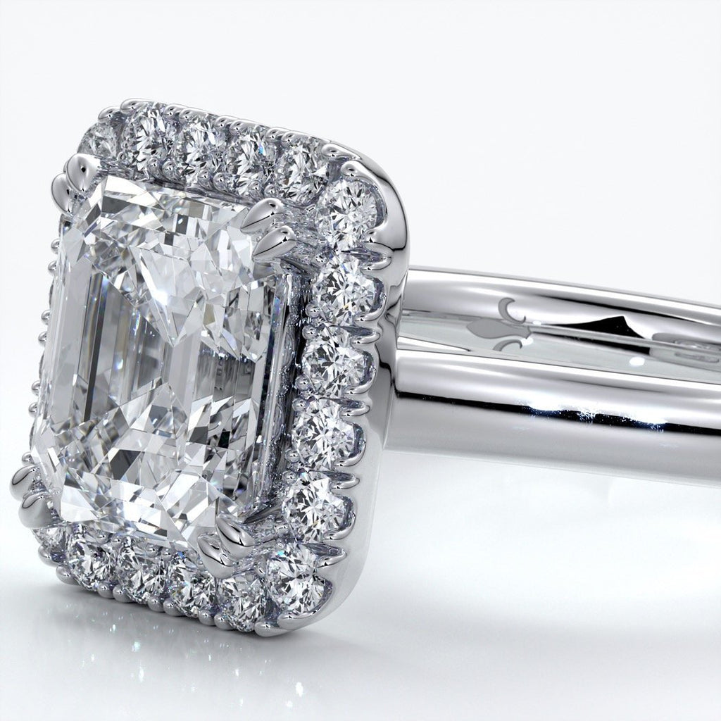 Emma Engagement ring emerald diamond halo cathedral platinum