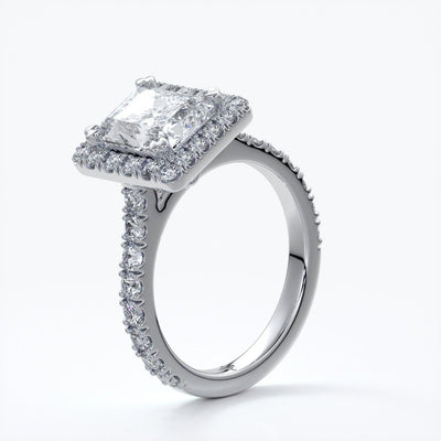 Irene Engagement Ring radiant diamond diamond band halo 18ct white gold