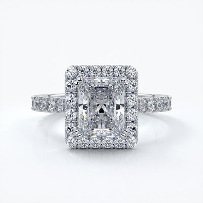 Irene Engagement Ring radiant diamond diamond band halo 18ct white gold