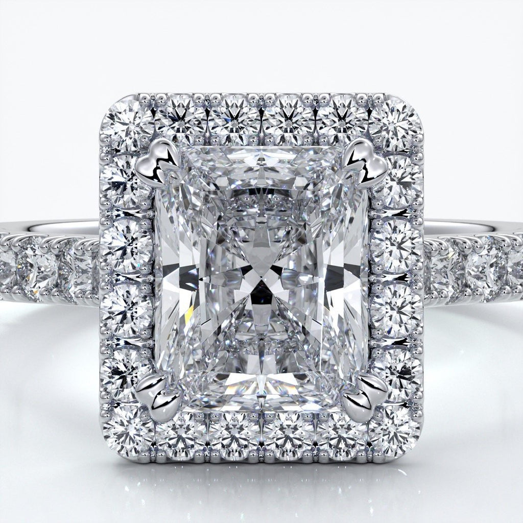 Irene Engagement Ring radiant diamond diamond band halo 18ct white gold