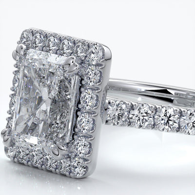 Irene Engagement Ring radiant diamond diamond band halo 18ct white gold