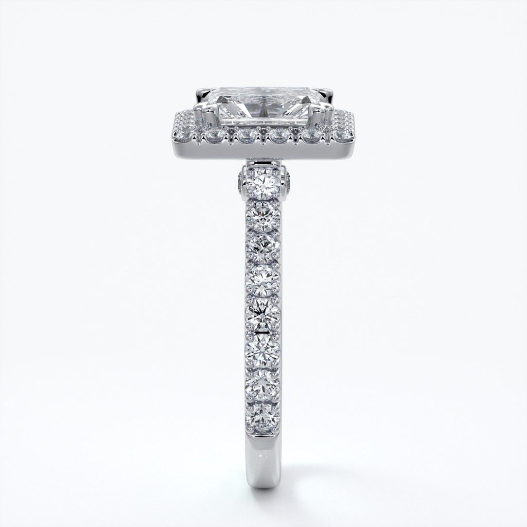 Irene Engagement Ring radiant diamond diamond band halo 18ct white gold