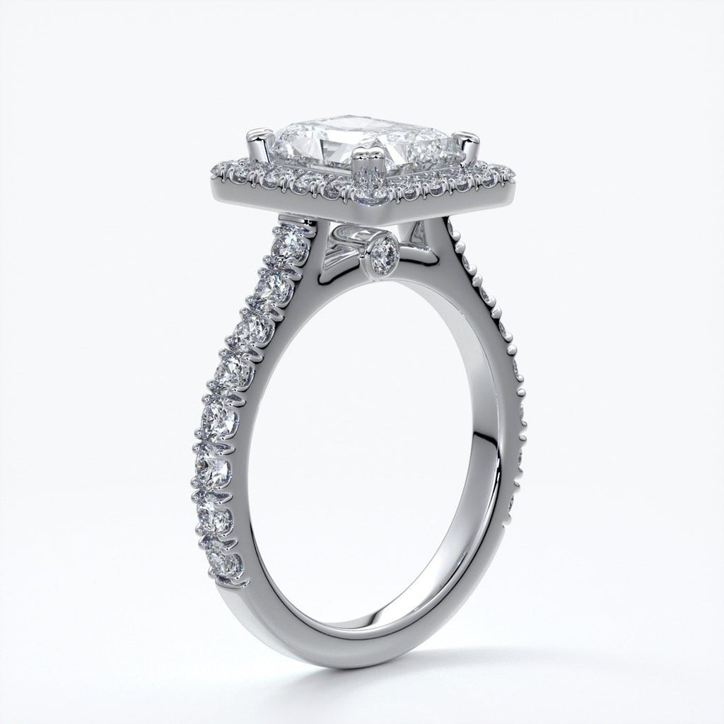 Irene Engagement Ring radiant diamond diamond band halo 18ct white gold