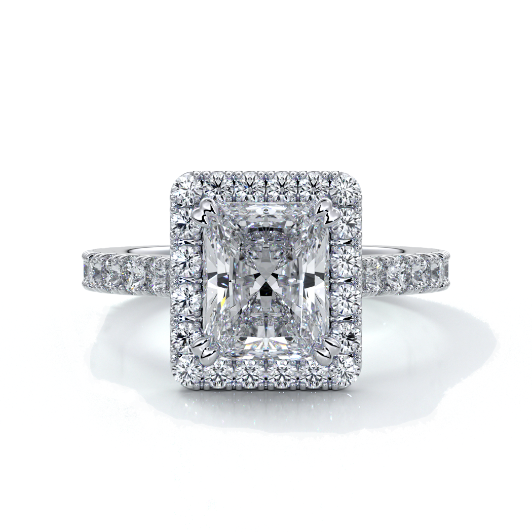 Irene Engagement Ring radiant diamond diamond band halo 18ct white gold