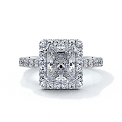 Irene Engagement Ring radiant diamond diamond band halo 18ct white gold