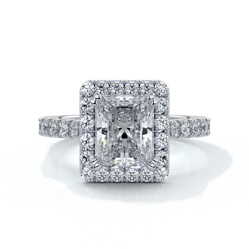 Irene Engagement Ring radiant diamond diamond band halo 18ct white gold