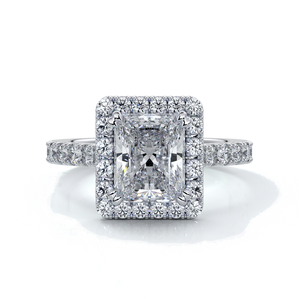Irene Engagement Ring radiant diamond diamond band halo 18ct white gold