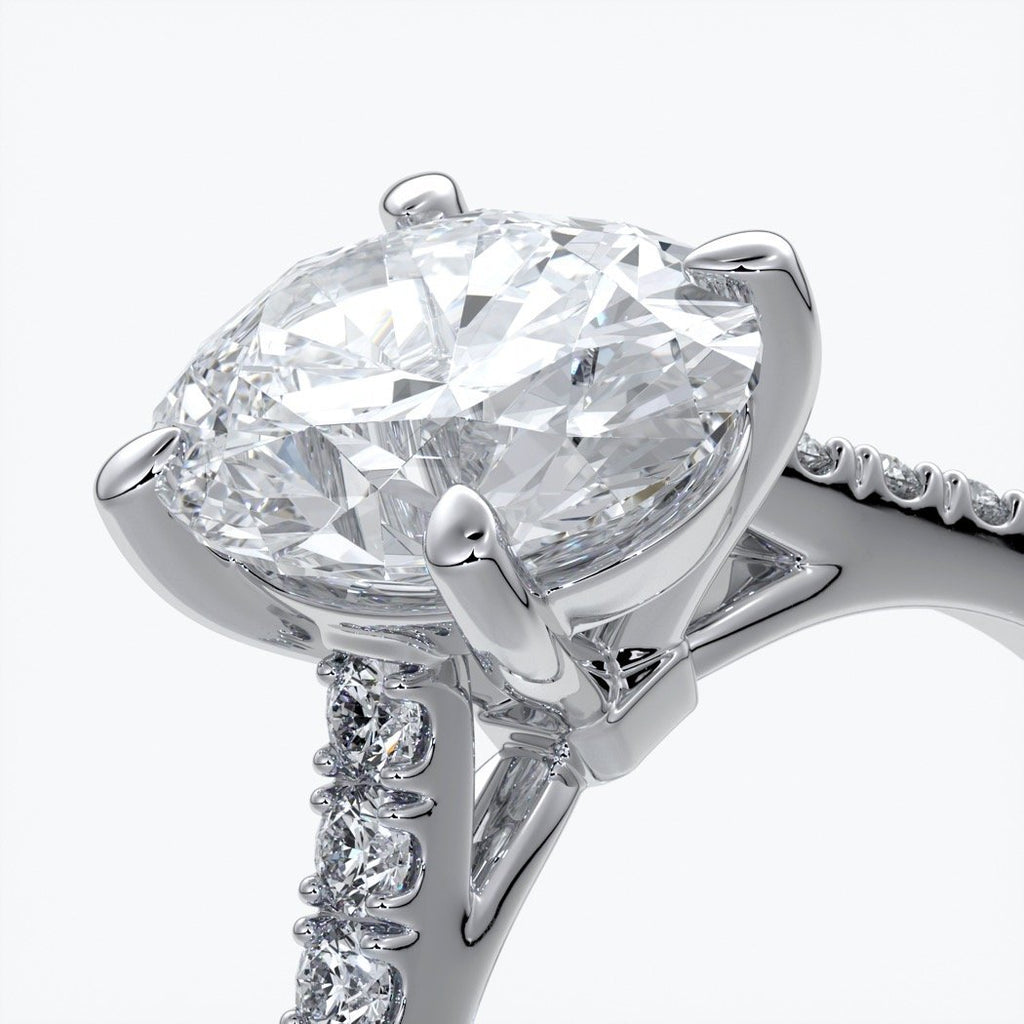 Isabella Engagement ring oval diamond 4 claw cathedral diamond band 18ct white gold