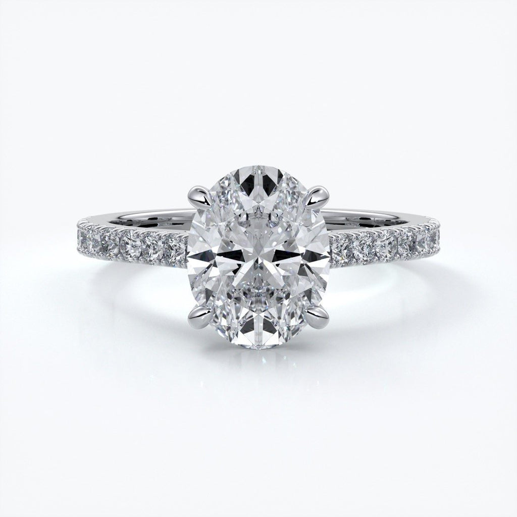 Isabella Engagement ring oval diamond 4 claw cathedral diamond band 18ct white gold