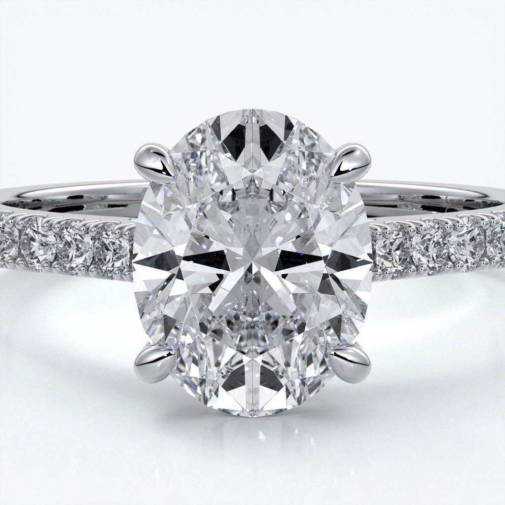 Isabella Engagement ring oval diamond 4 claw cathedral diamond band 18ct white gold