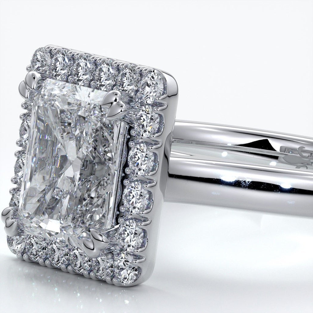 Ivy Engagement Ring radiant diamond band halo platinum