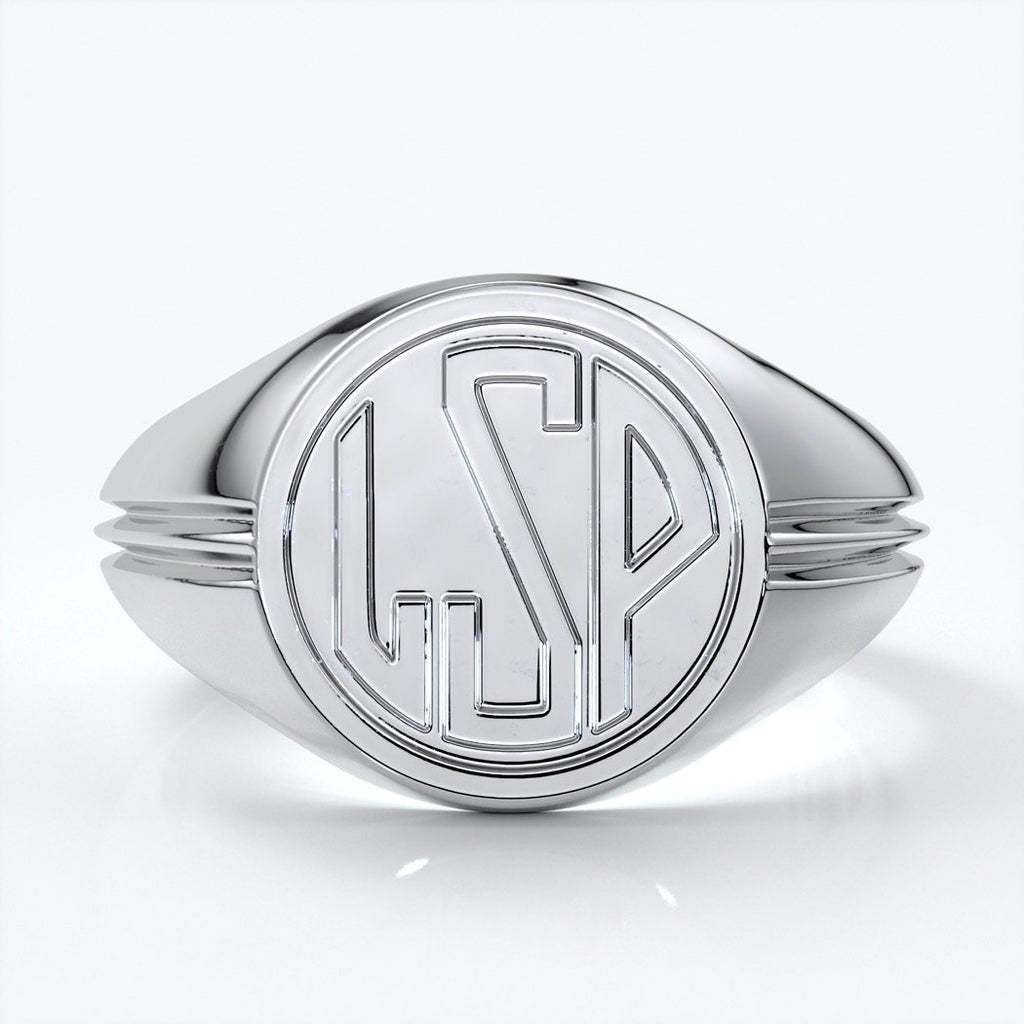 Mason Wedding ring round retro letter signet 18ct white gold