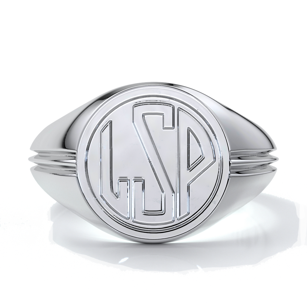 Mason Wedding ring round retro letter signet 18ct white gold