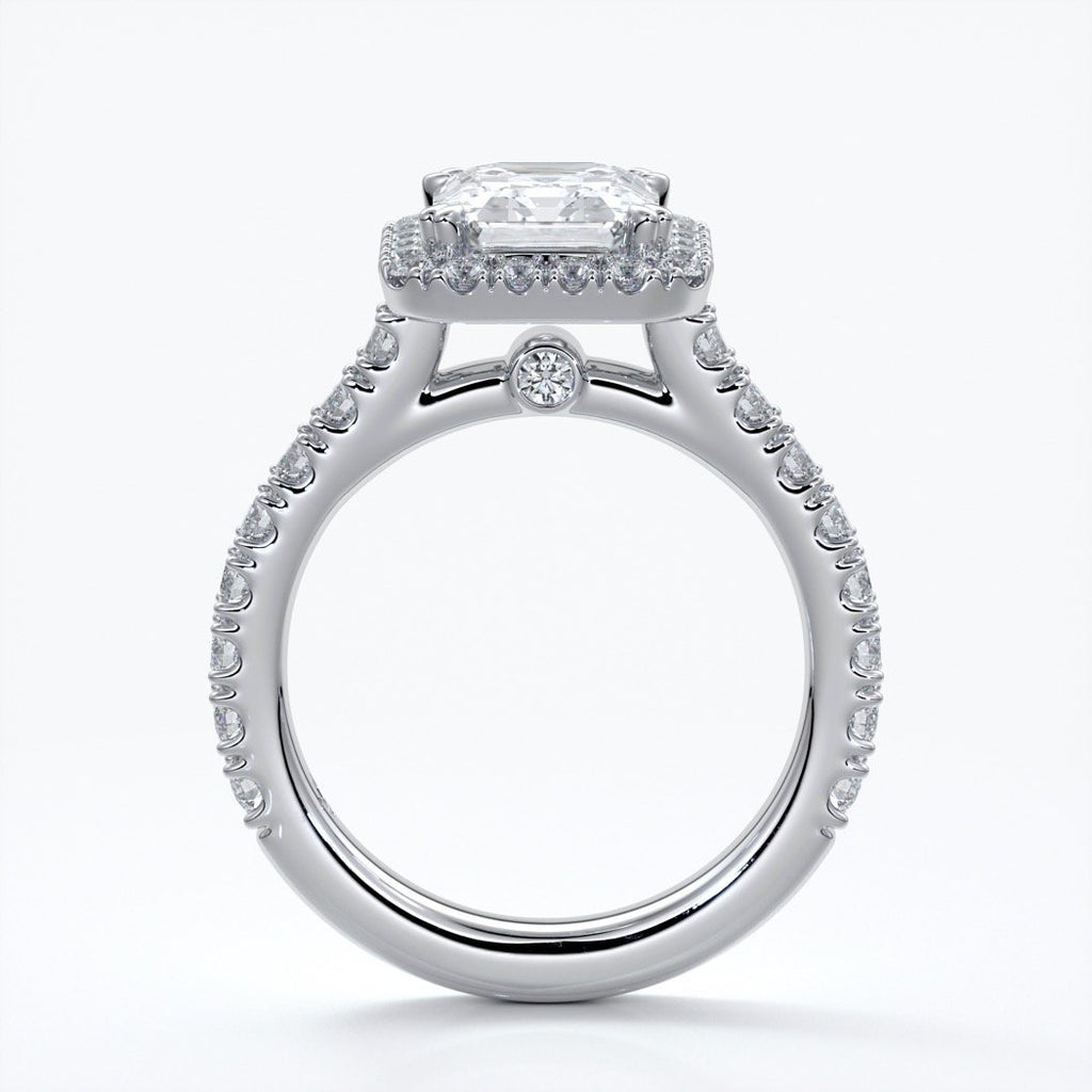 Pearl Engagement ring emerald diamond halo cathedral diamo band 18ct white gold