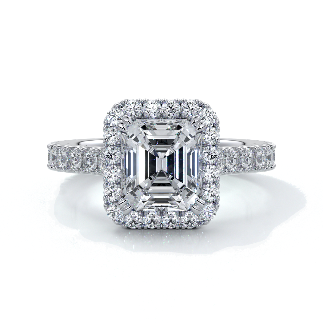 Pearl Engagement ring emerald diamond halo cathedral diamo band 18ct white gold