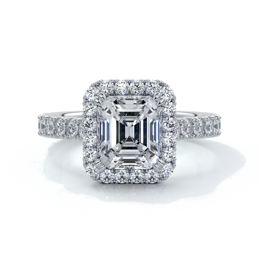 Pearl Engagement ring emerald diamond halo cathedral diamo band 18ct white gold