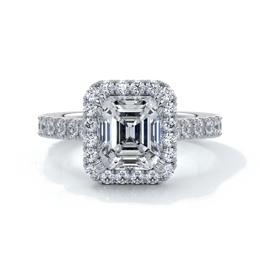 Pearl Engagement ring emerald diamond halo cathedral diamo band 18ct white gold