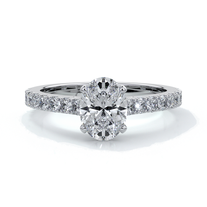 Penelope Engagement ring oval diamond 4 claw cathedral diamond band 18ct white gold