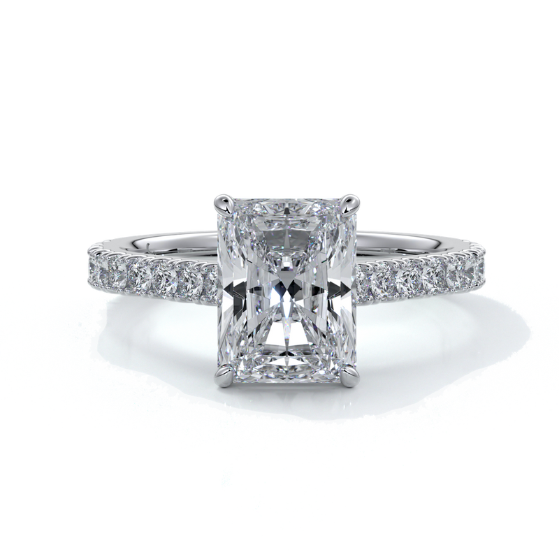 Susan Engagement ring radiant cut cathedral diamond band platinum